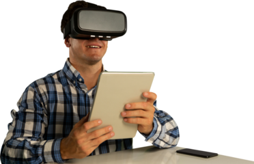 Male use virtual reality headset with digital tablet