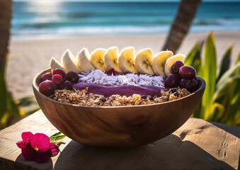 Healthy acai bowl with beach bottom Generative AI	