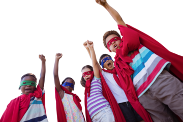 Low angle view of children in superhero costumes