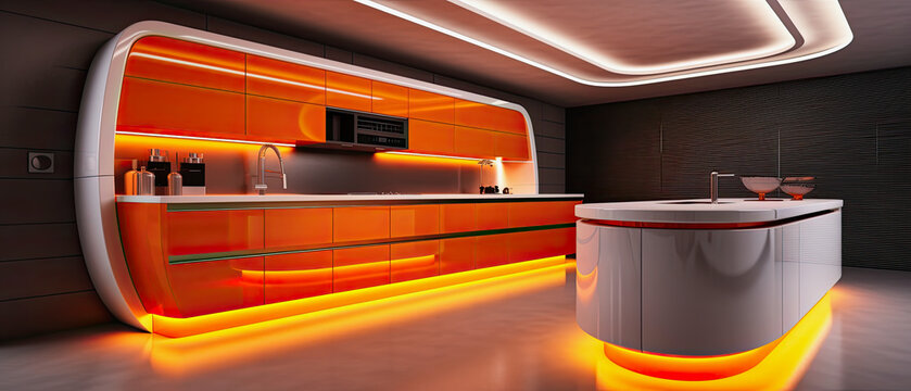 generative ai illustration of a modern white and orange colored futuristic kitchen