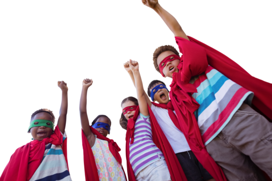 Low angle view of children in superhero costumes