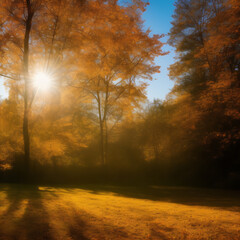 Beautiful autumn landscape, colorful foliage and falling leaves in a nature background with sunlight rays