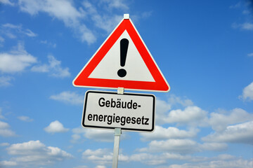 Hamburg, Germany - March 31, 2023: Traffic warning sign saying Buildings Energy Act...