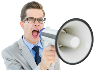 Geeky businessman shouting through megaphone