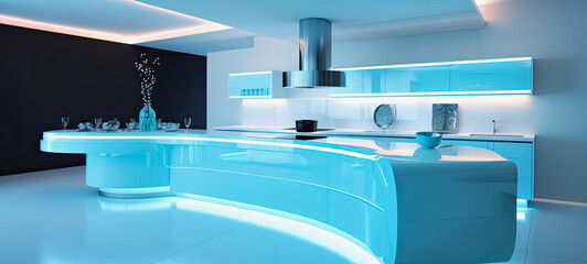 generative ai illustration of a light blue colored futuristic kitchen