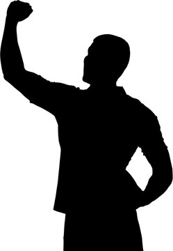 Rugby player standing with arm raised