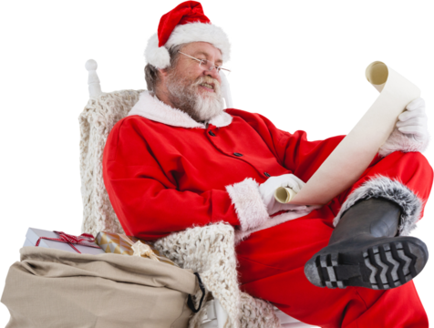 Santa Claus reading wish list on scroll against white background