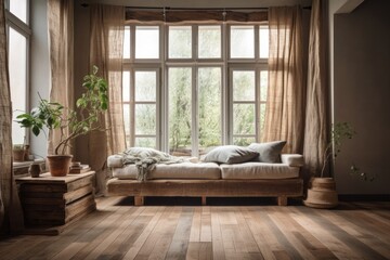 Fototapeta na wymiar Boho chic contemporary home interior. Couch with cushion on hardwood floor, drapes on huge window in rustic living room on bright day, nobody, flat lie, open space. Generative AI