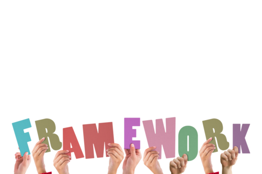 Colorful alphabet spelling framework held up by people