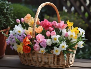 Fototapeta na wymiar Spring flowers in a basket on a wooden table in the garden.