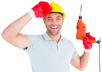 Smiling manual worker holding drill machine