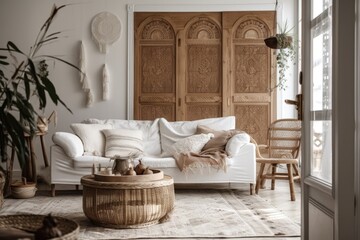 Bohemian timber living room with white glass door opening. White fabric couch and rattan furniture, welcome home theme, interior design,. Generative AI