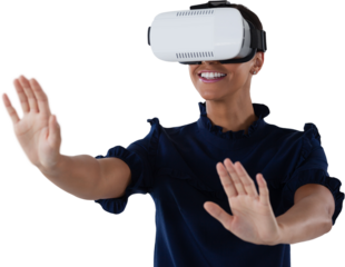 Woman gesturing while using virtual reality headset