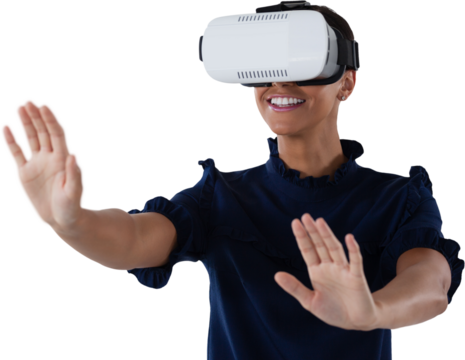 Woman gesturing while using virtual reality headset