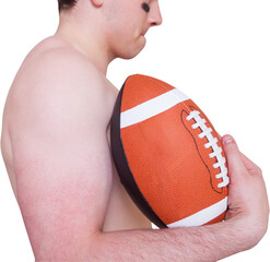 Shirtless american football player holding a ball