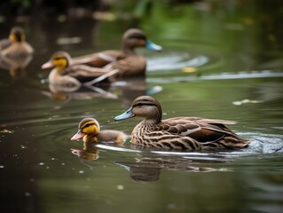 Obraz premium Female mallard duck with her ducklings swimming in a pond.