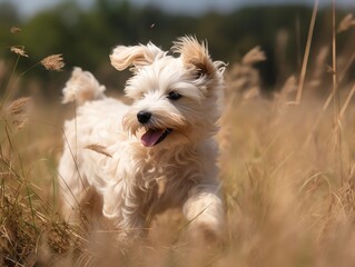 Cute Maltese dog running in the field. Selective focus.