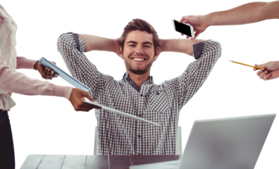 Smiling businessman being handed items