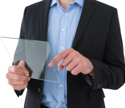 Mid section of businessman using transparent glass interface