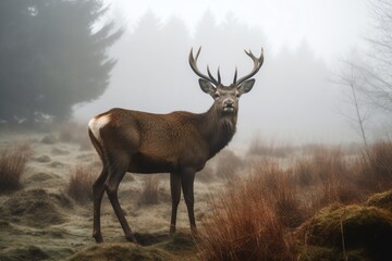 Red deer stag with antlers in a foggy forest landscape.