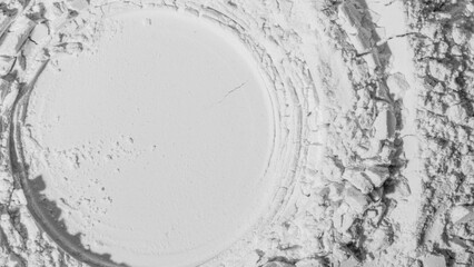 Texture of powder, flour, sand. White. extruded circle. Textured, cracked. White. Banner,...