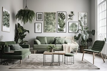 Posters over green couch with cushions in white living room with plants and table. Real picture. Generative AI