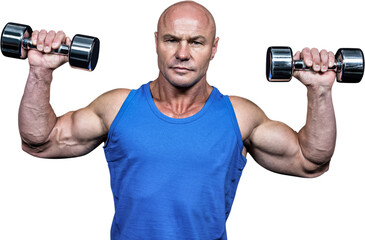 Fototapeta na wymiar Portrait of bodybuilder lifting dumbbells
