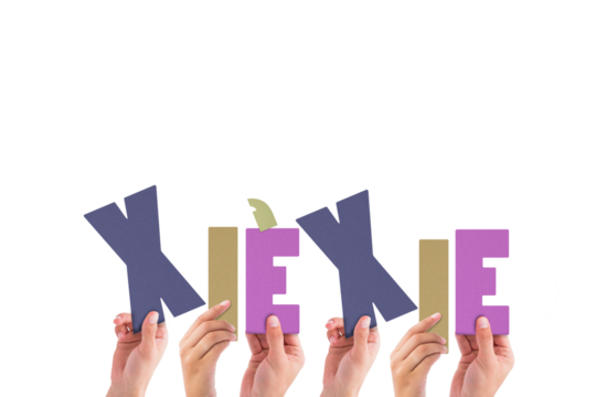 Colorful alphabet spelling thank you in Chinese held up by people  - Powered by Adobe