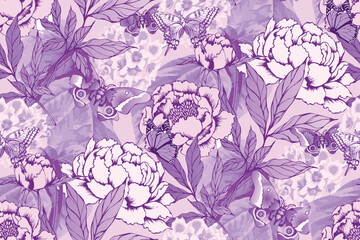 Peony and butterflies. Seamless pattern. Vector illustration. Suitable for fabric, mural, wrapping paper and the like.