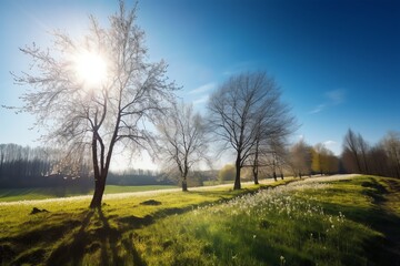Fototapeta na wymiar Beautiful spring landscape with trees on the meadow in sunny day