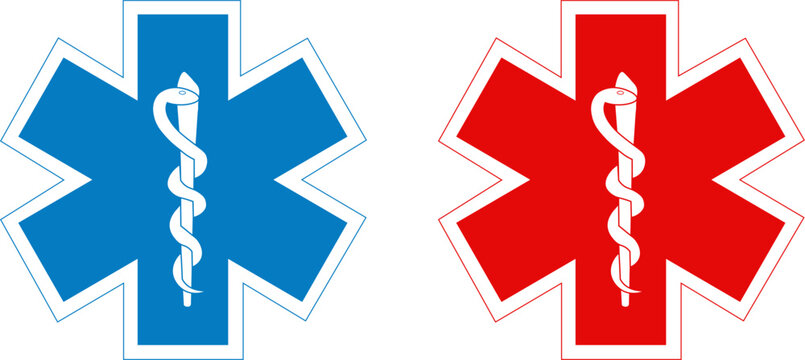 Medical symbol set red and blue Star of Life with Rod of Asclepius. Emergency logo icon isolated on white background. First aid. Vector illustration.
