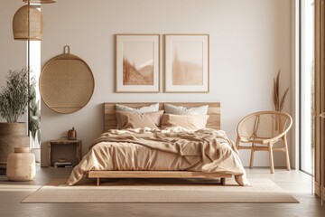 Mock up frame in beige bedroom with natural wooden furnishings. Generative AI