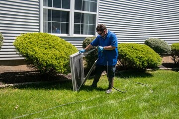 A Caucasian man wearing blue latex gloves is seen washing off window screens in the backyard of a...