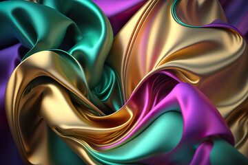Silk fabric with shallow depth of field background. Colored cloth waves background texture. 3D realistic illustration. Creative AI