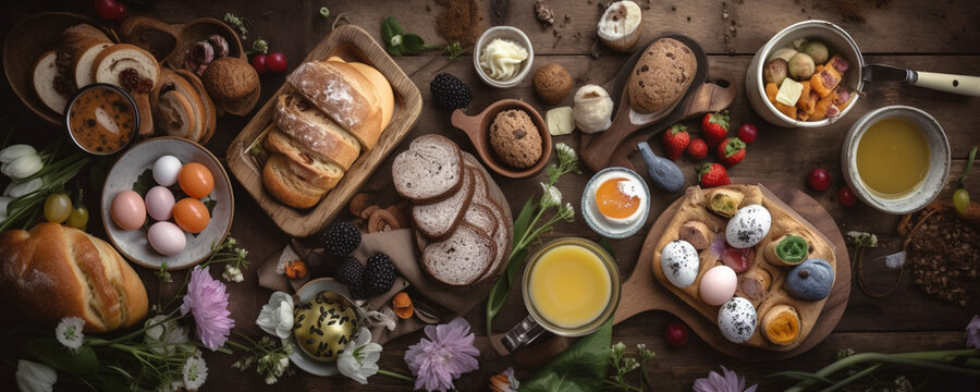 easter breakfast, orange juice, eggs, bakery, strawberry, flowers, flat lay