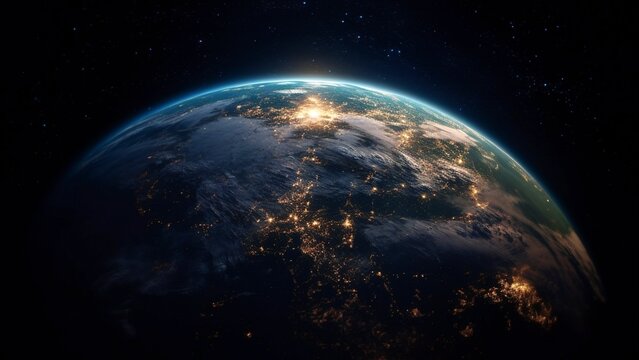 Earth at Night as Viewed from Space, Illuminated by City Lights, Generative AI © Creative Digital Art