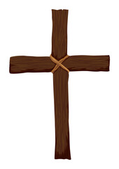 Wooden Christian cross attached with strings in cartoon style, Vector illustration