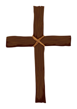 Wooden Christian cross attached with strings in cartoon style, Vector illustration
