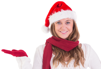 Festive blonde presenting with hand