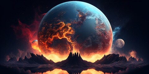 End of the World, Global Catastrophes background. Unknown Planet Fantastic Worlds. Generative AI
