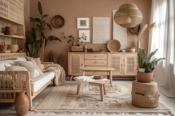 White project draft, farmhouse wooden living room, sofa, rattan chest of drawers, jute carpet, and décor. Boho chic interior design, plan, top,. Generative AI