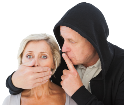 Older man silencing his fearful partner - Powered by Adobe
