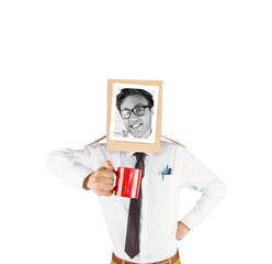 Businessman with photo box on head