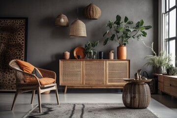 Ethnic living room with colorful baskets, rattan sideboard, brown armchair, and attractive personal decorations. Grey concrete. Cozy flat. Furnishings. Generative AI