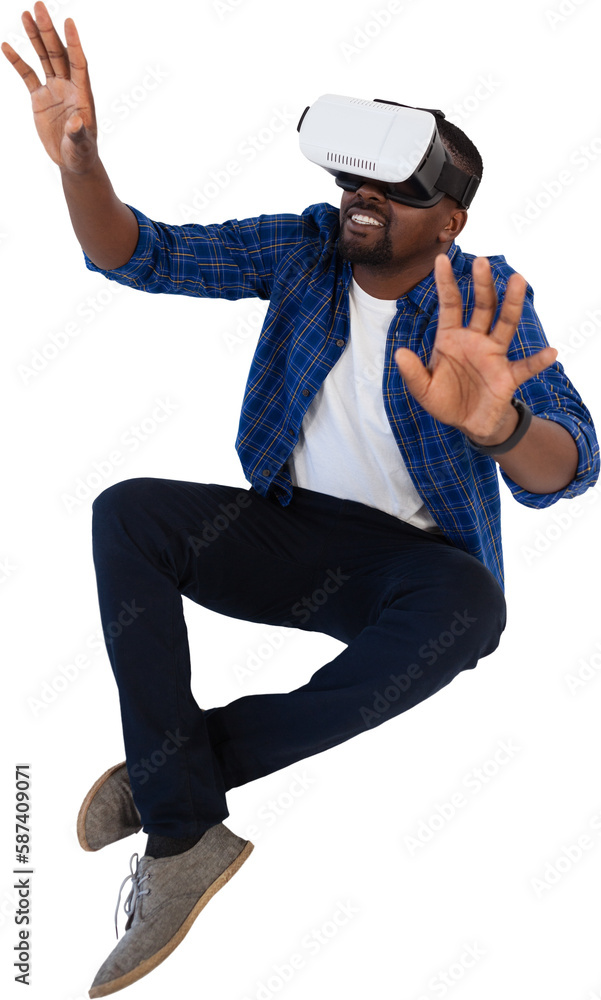 Poster man gesturing while using virtual reality headset
