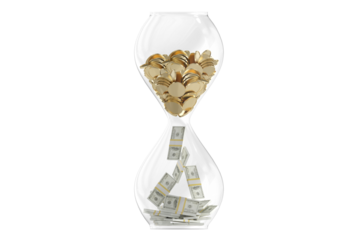 Hourglass with flowing coins and banknotes