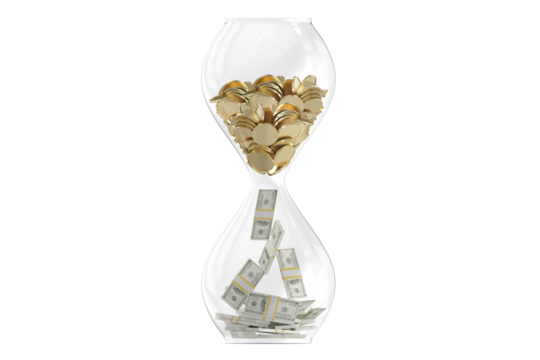 Hourglass with flowing coins and banknotes