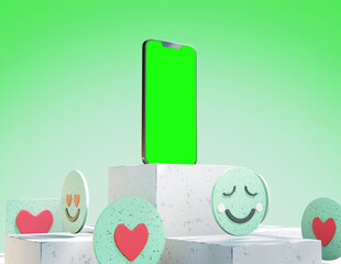 Smartphone green screen with 3d emoji 3d render