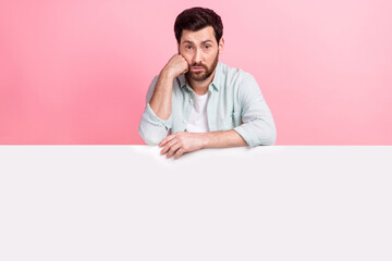 Photo of young man bristle touch chin tired need psychologist help near mockup banner advert...