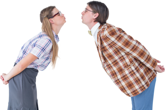 Geeky hipster couple kissing